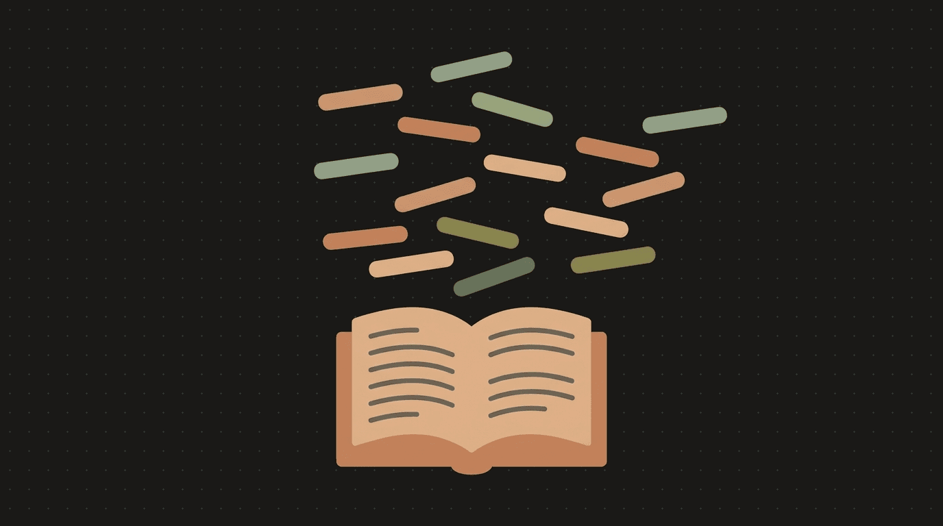 Flat illustration: highlighted passages floating up out of an open book