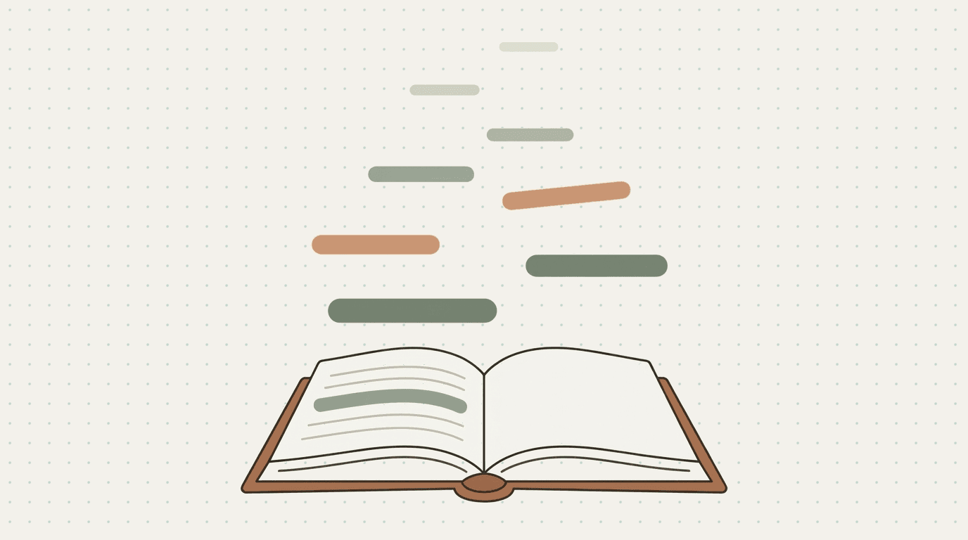 Flat illustration: highlighted passages floating up out of an open book