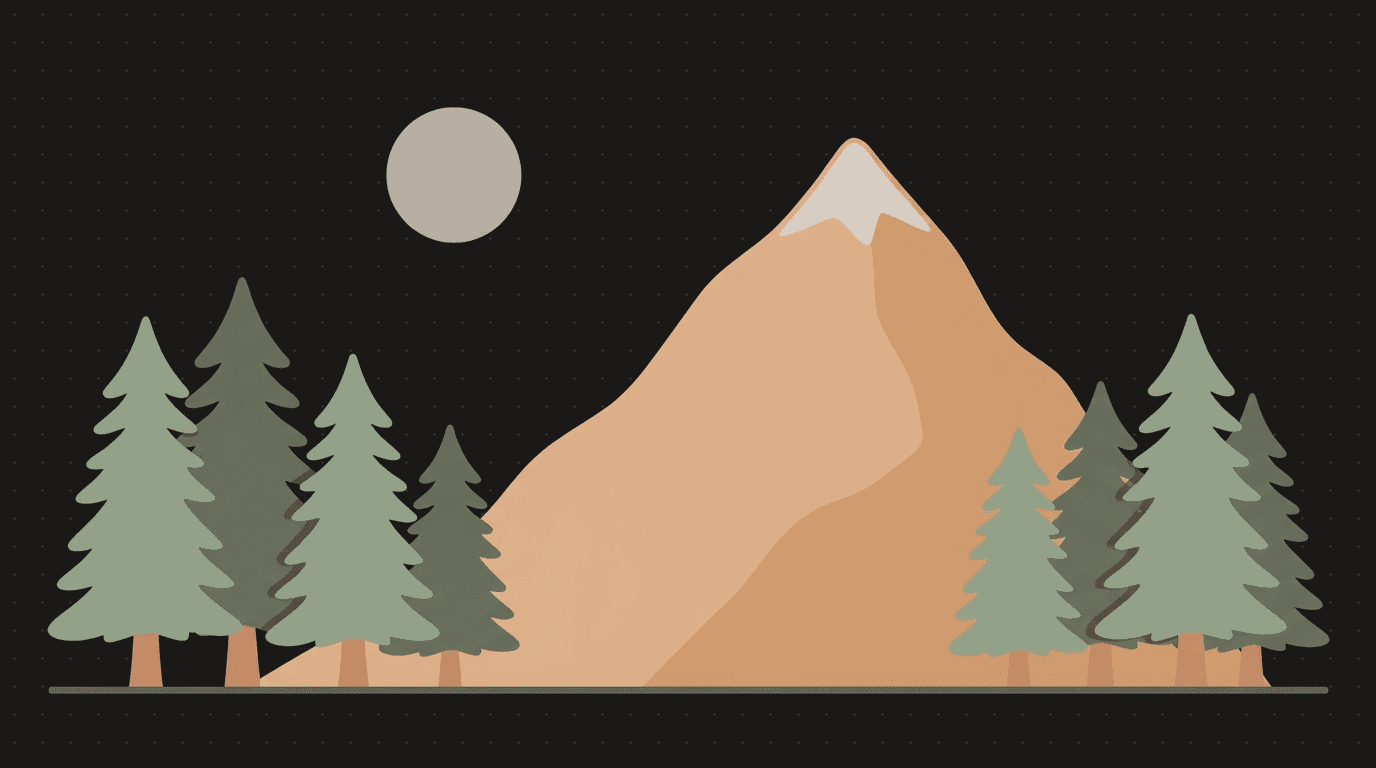 Flat illustration: a quiet landscape of pines, a mountain, and a moon