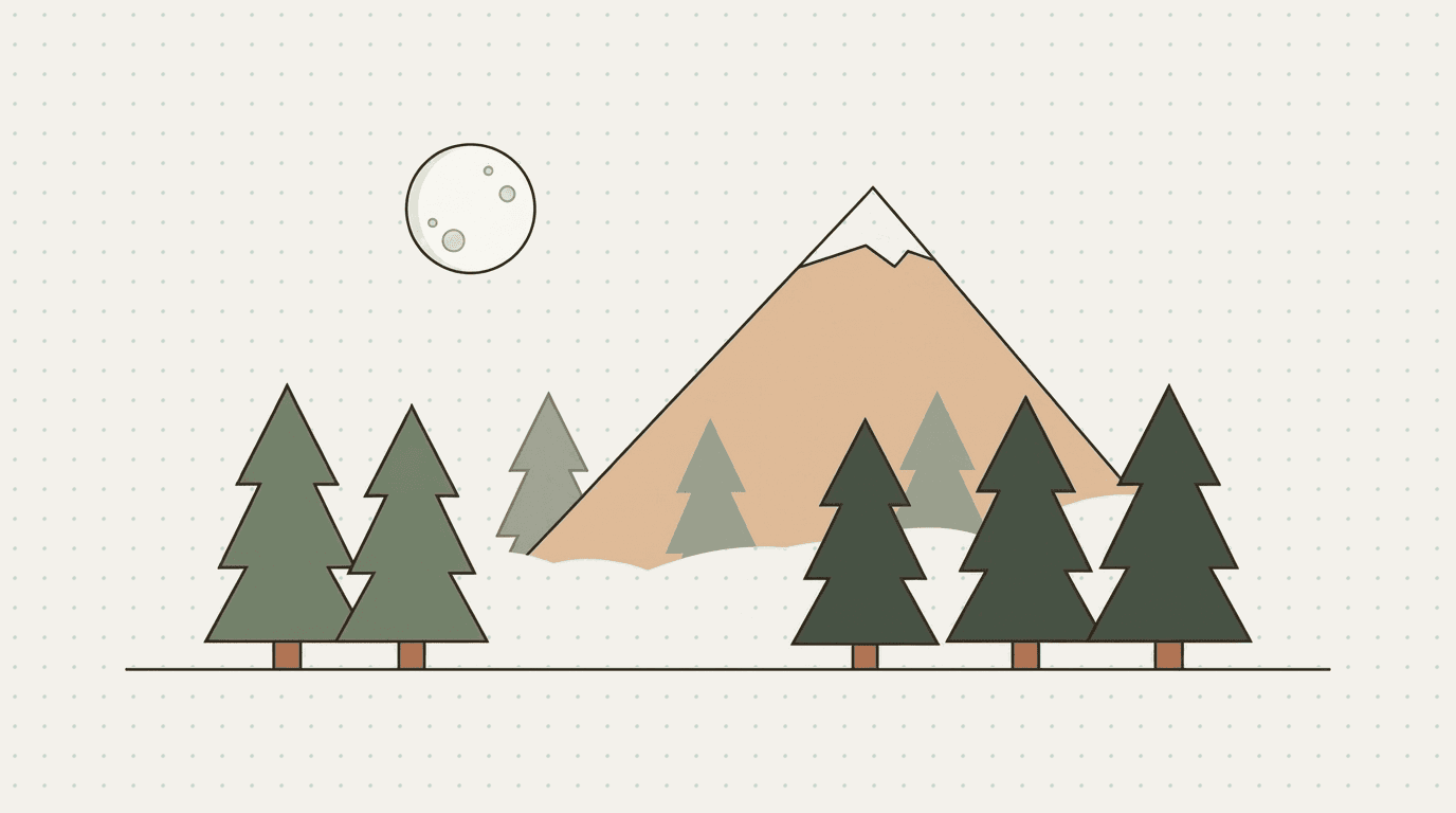 Flat illustration: a quiet landscape of pines, a mountain, and a moon