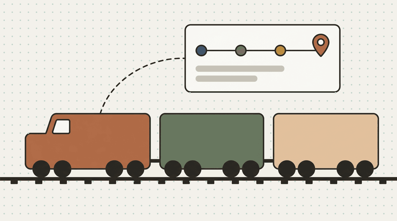 Flat illustration: a freight train with two container cars reporting live shipment status to a floating tracking dashboard card