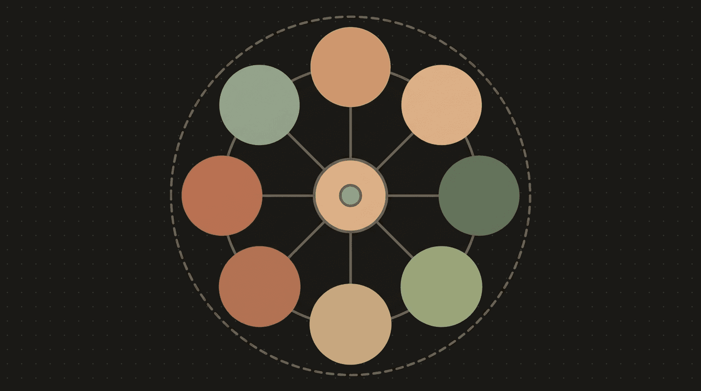 Flat illustration: eight circles arranged in a calm radial wheel around a center
