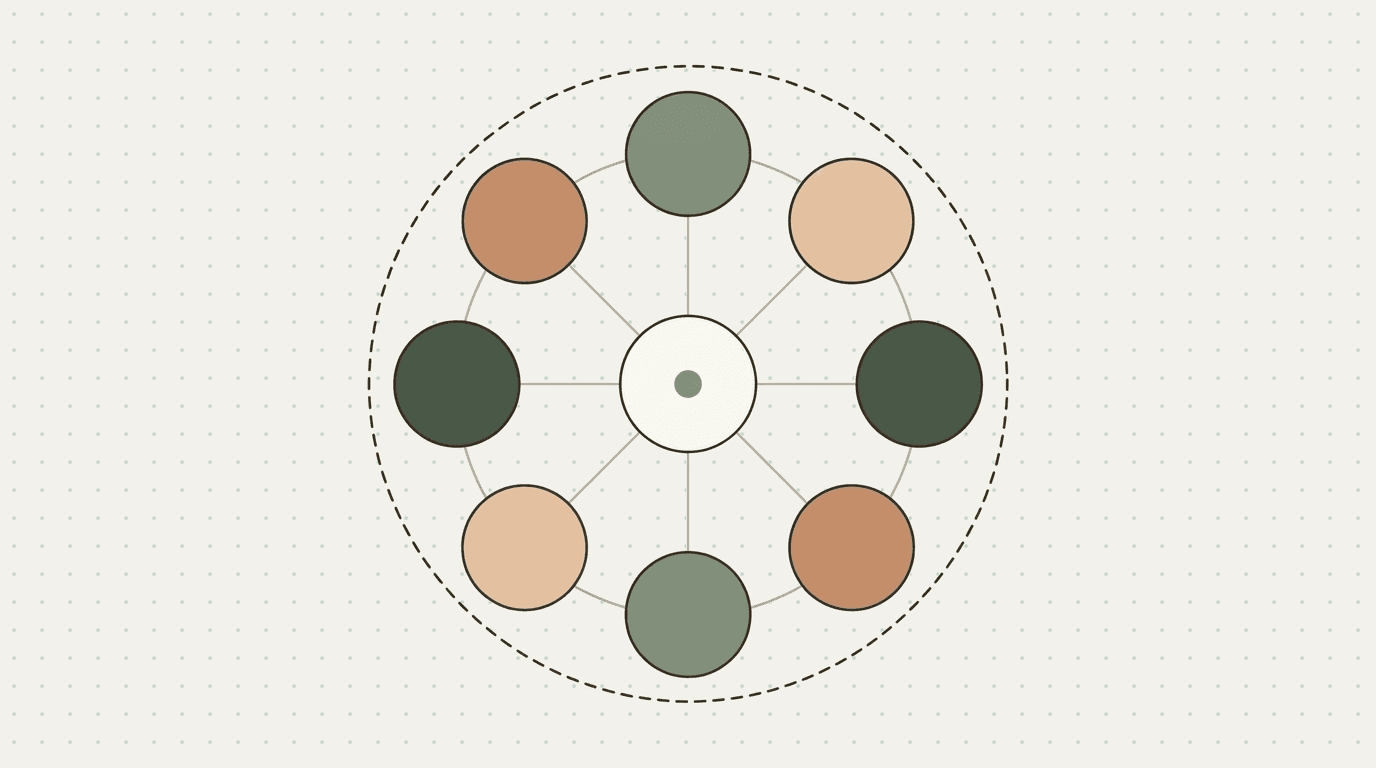 Flat illustration: eight circles arranged in a calm radial wheel around a center