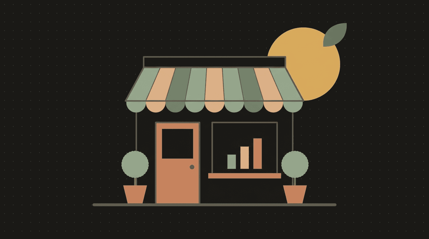 Flat illustration: a storefront with rising bars in its shop window beneath a citrus sun
