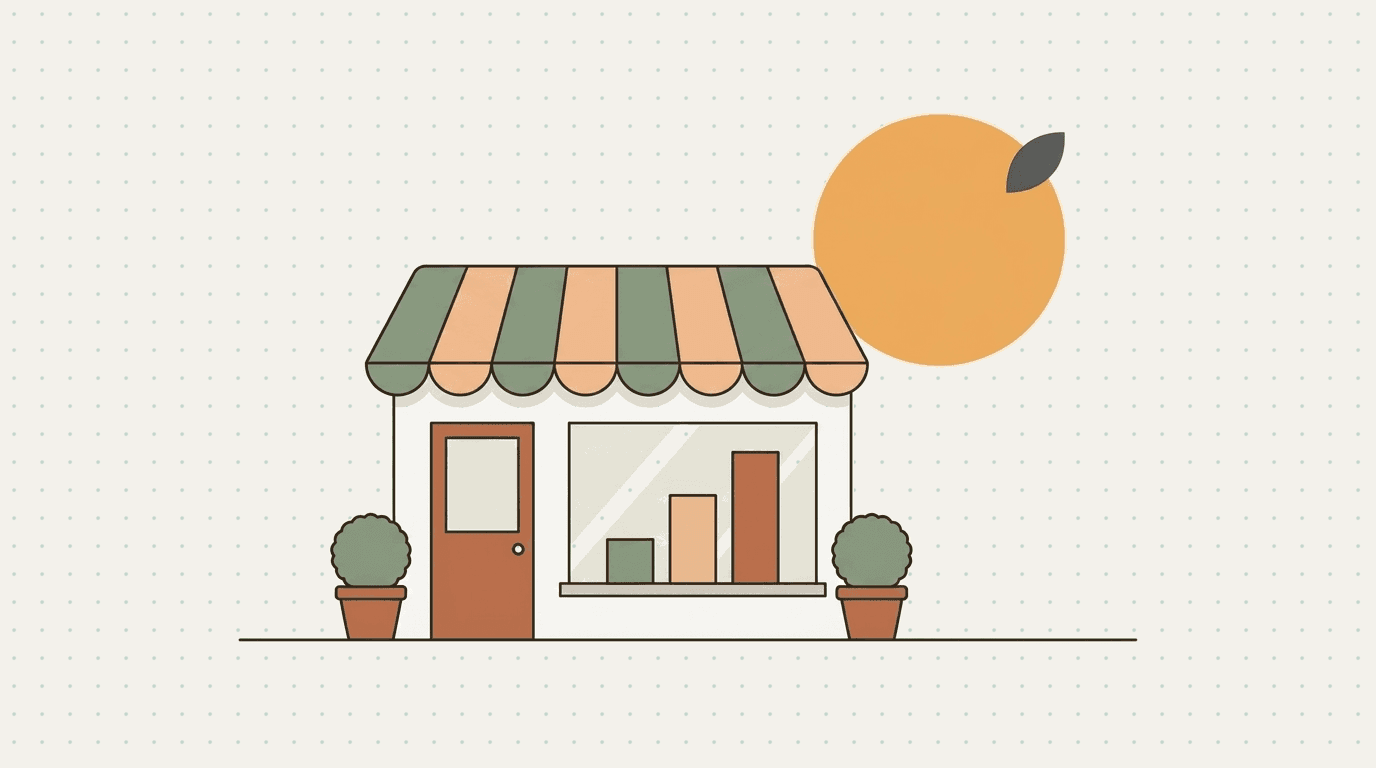Flat illustration: a storefront with rising bars in its shop window beneath a citrus sun